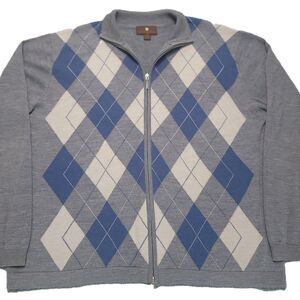 Toscano Men's XL   Sweater Wool Full Zip Gray Blue White Argyle Sweatshirt